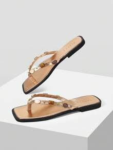 MOTF SPRING AND SUMMER NEW OUTDOOR WOMEN'S FLAT-BOTTOMED SQUARE TOE PINCH SLIPPERS WOMEN'S THICK-SOLED NON-SLIP CASUAL VERSATILE BEACH SANDALS - Champagne - View 9