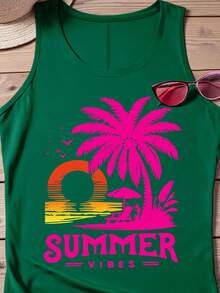 SHEIN LUNE Women's Plus Size Round Neck Tropical Print Letter Print Tank Top - Green - View 4