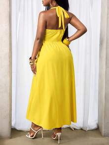 BamGleam Vestido de princesa con cordón ajustable y fruncido tipo halter para mujer de vacaciones - Amarillo - Ver 2