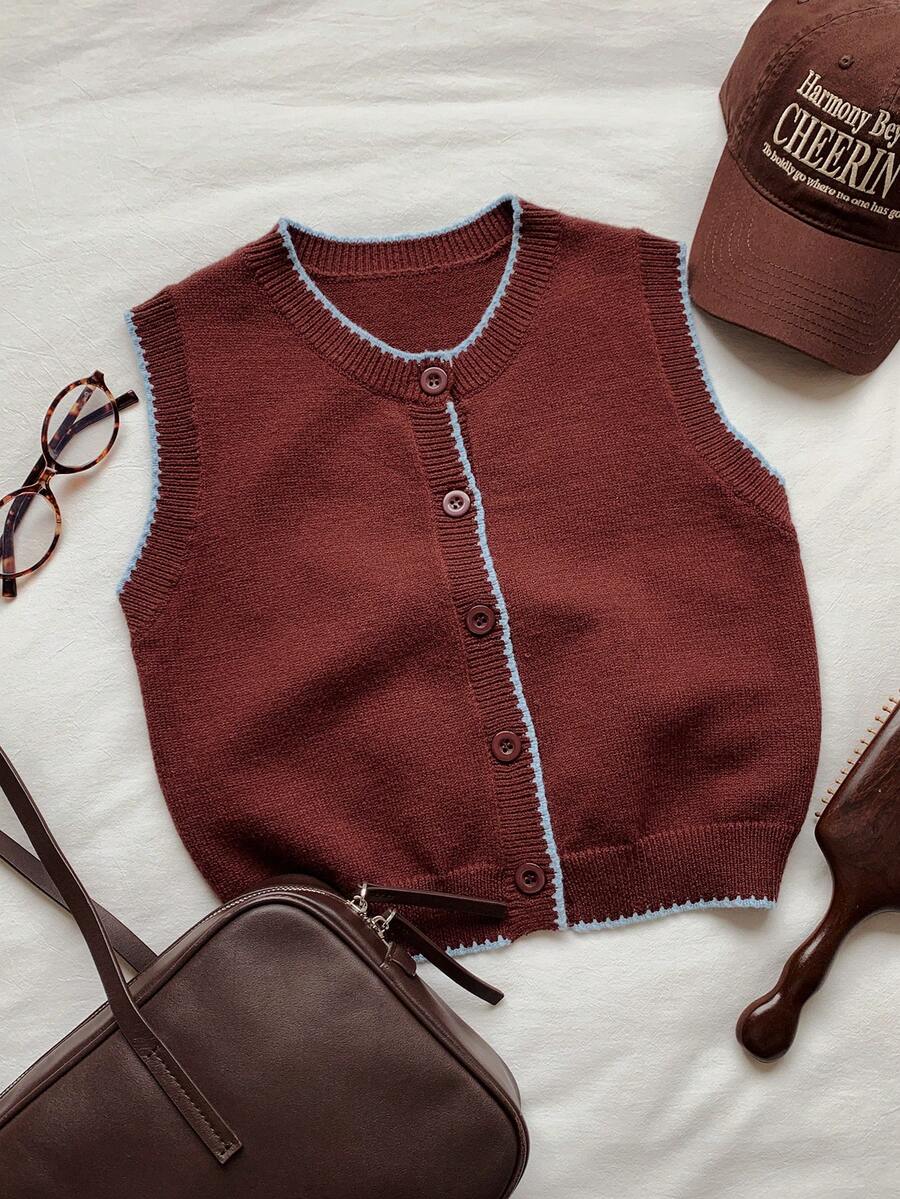 Comfortcana Women's Casual Vintage Daily Commute School Contrast Trim Button Front Cardigan Vest Back-To-School Burgundy Summer - Multicolor - View 1