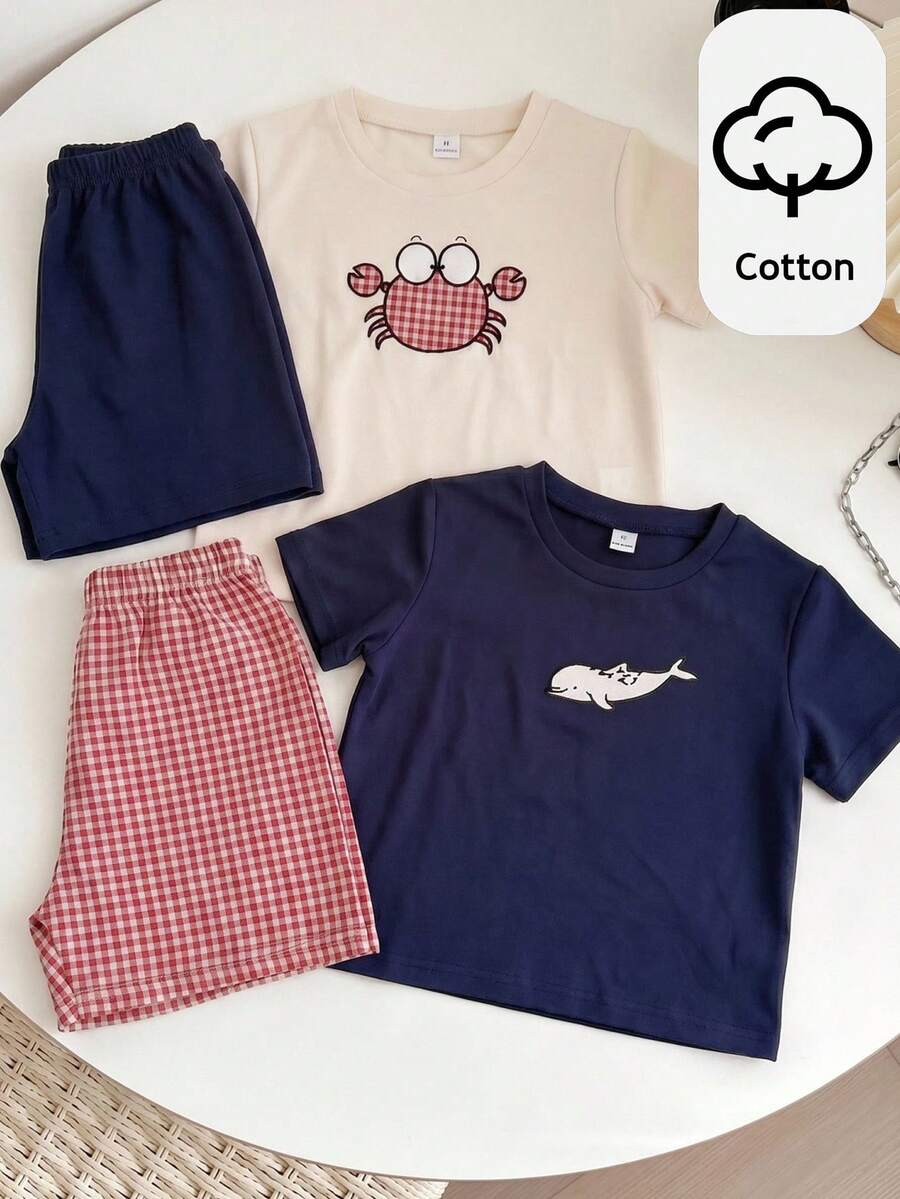 Kids Summer Outfit,Cute Cartoon Embroidered Ocean Animal Crab & Fish Pattern Round Neck Short Sleeve T-Shirt And Shorts Set,Casual Multi-Piece Suit