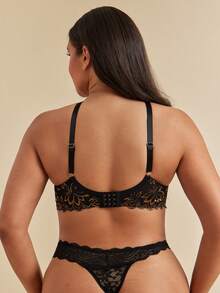 SHEIN BAE CURVE 1 قطعة حمالة صدر بتصميم الدانتيل والرقع مع سلك داخلي مقاس كبير - الأسود - مشاهدة 2