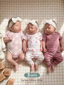 Cozy Pixies Set 6 Potong untuk Bayi Perempuan Baru Lahir: Romper Lengan Pendek Leher Bulat Lembut Motif Hati & Celana Pinggang Elastis - Berwarna merah muda - View 11