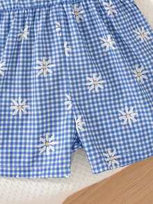 SHEIN Elladie kids Girls' Summer 2025 New Ditsy Floral Ruffle Cap Sleeve V-Neck Cinched Waist Back Bow Decor Open Back A-Line Pastoral Style Fashion Jumpsuit - Blue - View 7