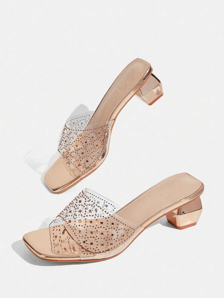 CUCCOO TILAWA Women's Spring/Summer New Crystal H-Shaped Strap Square Toe Thick Heel Sexy Stylish Fashion PVC Transparent Crystal High Heel Sandals, Backless H-Type Slippers, Elegant Party Holiday Sexy Street Style