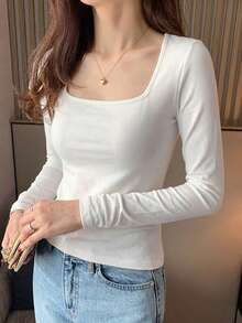 DAZY Women's Round Neck Solid Color Basic White Short Sleeve T-Shirt, Spring/Summer - White - View 2