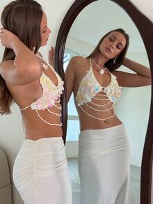 Opulessa Áo dệt kim thời trang nữ cổ yếm đính sequin - Màu be - Xem 5
