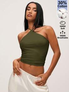 SHEIN BASICS Women's Solid Color Fitted Casual Versatile Cropped Halter Neck Tank Top - Army Green - View 3