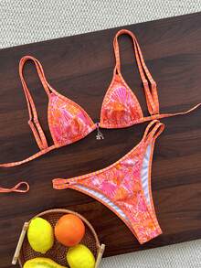 Swim Mod Women's Spring/Summer Random Print Double Shoulder Strap Metal Decor Bikini Set - Multicolor - View 2
