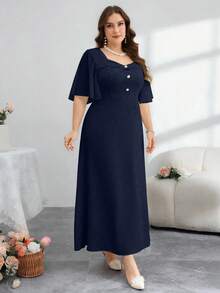 Modelyn Plus Size Women Elegant Button Design Ruffle Sleeve Midi Dress - Navy Blue - View 5