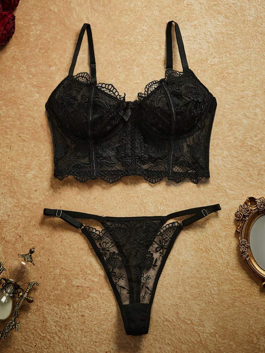 PinupPomp 2件套女士白色浪漫长款文胸内衣套装 - 黑色 - 查看 1