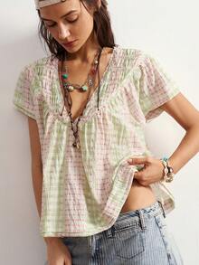 Bohemela Casual Boho Woven Plaid Women's Shirt Vacation Pink And White Striped Summer - Multicolor - View 4