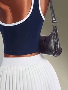 Amplova 女款無袖運動背心，修身版型，對比飾邊，夏季運動 - 藏蓝色 - 查看 3