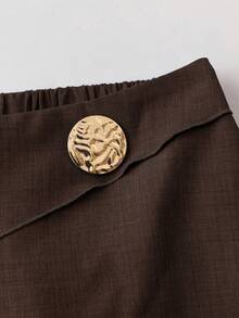 SHEIN PETITE CURVE Plus Size Women's Elegant Commute Layered 2-In-1 Design Metal Buckle Decor Long Pants Spring Summer Party - Coffee Brown - View 3