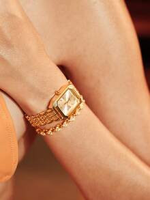 Glisma 2pcs Women's Elegant Retro Watch Set - Luxury Heart-Shaped Chain Quartz Watch With Rectangular Dial And Stainless Steel Strap, Classic Analog Watch - Gold - View 5