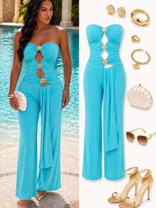 SOLERSUN Mono de verano 2026 para mujer, sexy, de color azul océano con recortes y fruncidos, de alta elasticidad. Elegante mono de una pieza con herrajes en forma de concha, sin tirantes, espalda descubierta, pantalones anchos de pierna larga. Mono de una pieza con recorte en forma de concha, sin tirantes, de Body ceñido y piernas anchas. Atuendo para fiesta en la playa, club, estética Y2K - Azul - Ver 9