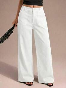 SHEIN Tall CURVE CURVE 大尺碼女款高個純白色寬腿長褲，高腰棉質休閒基礎款，適合夏季度假與優雅通勤辦公 - 白色 - 查看 2