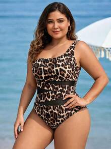 Swim Lushoire Plus Size Summer Vacation Beach Vacation Sexy Leopard Print Contrast Mesh One Shoulder One-Piece Swimsuit Beige - Multicolor - View 4