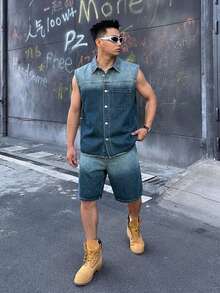 DAZY Men's Gradient Wash Distressed Single-Breasted Vest Jacket And Pocket Shorts Denim Set Fall - Blue - View 5