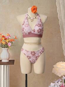 Bellisia 26SS Orange Halter Neck Triangle Bikini Top With Matching Skirt 3 Pieces Set, Beach/Resort Wear - Multicolor - View 4
