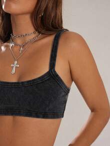 Denimoi Crop Top Essential untuk Pakaian Sehari-hari, Tank Top Pendek, Pakaian Berlapis, Fashion Streetwear, Crop Top Seksi - Dark Grey - View 3