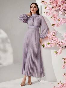 Modelyn 女款優雅浪漫休閒花卉印花腰部拼接百褶洋裝，適合婚禮、約會之夜、早午餐、茶會、花園，紫色秋季款 - 紫色 - 查看 5