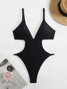 Swim SXY New Deep V-Neck Hollow Sexy Backless One-Piece Swimsuit For Summer - Black - View 3