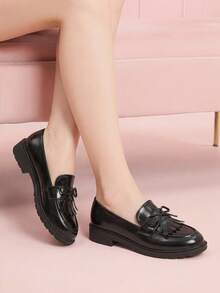 CUCCOO DOLLMOD Women's Tassel Bow Loafer Round Toe Chunky Heel Preppy Office  Black Loafers Commute Daily Shoes - Black - View 1
