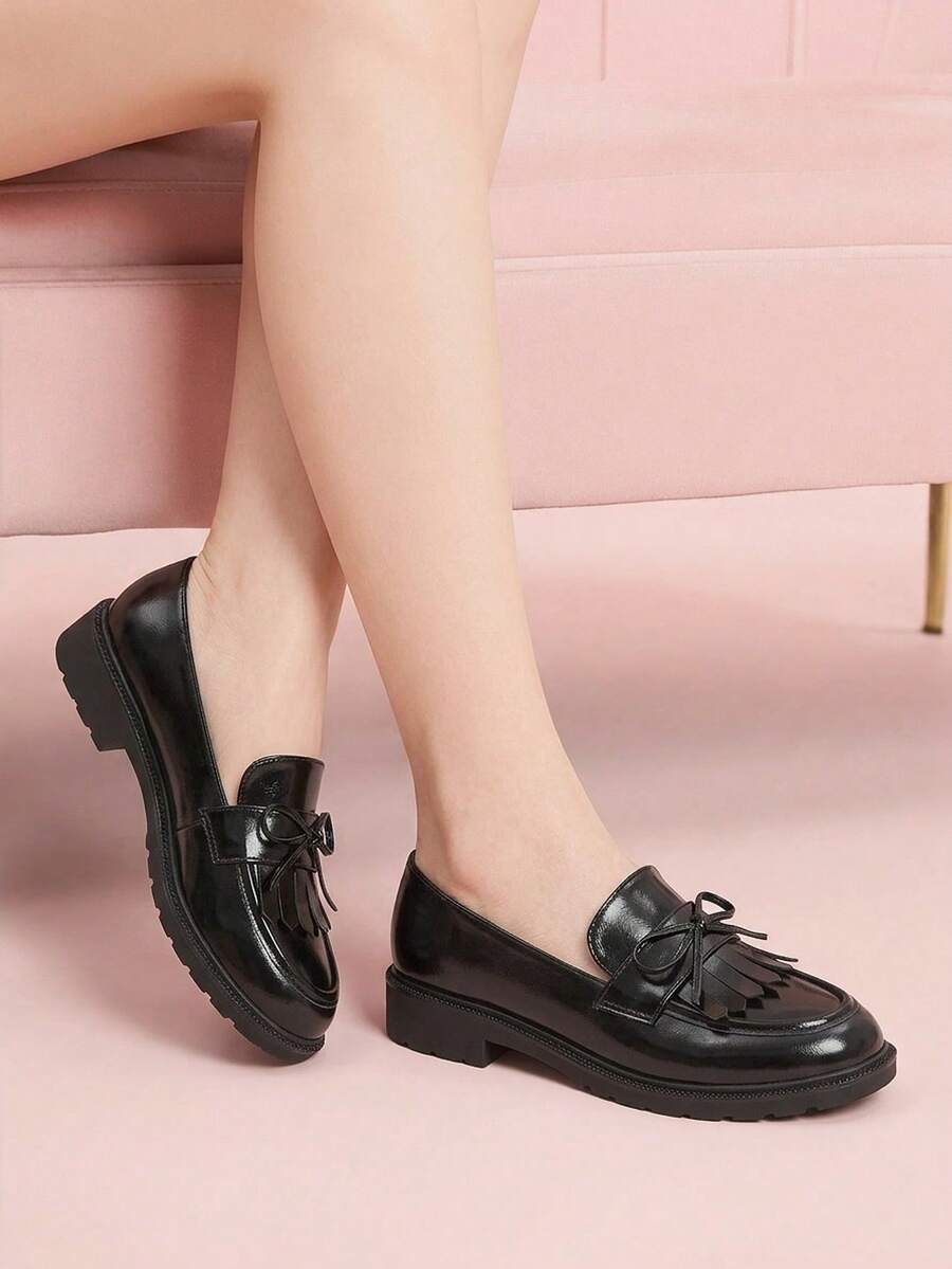 CUCCOO DOLLMOD Women's Tassel Bow Loafer Round Toe Chunky Heel Preppy Office Black Loafers Commute Daily Shoes - Black - View 1