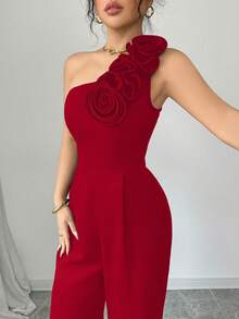 Women's Solid Color Jumpsuit With Asymmetrical Neckline, Sleeveless And With 3D Floral Print - 紅色 - 查看 6