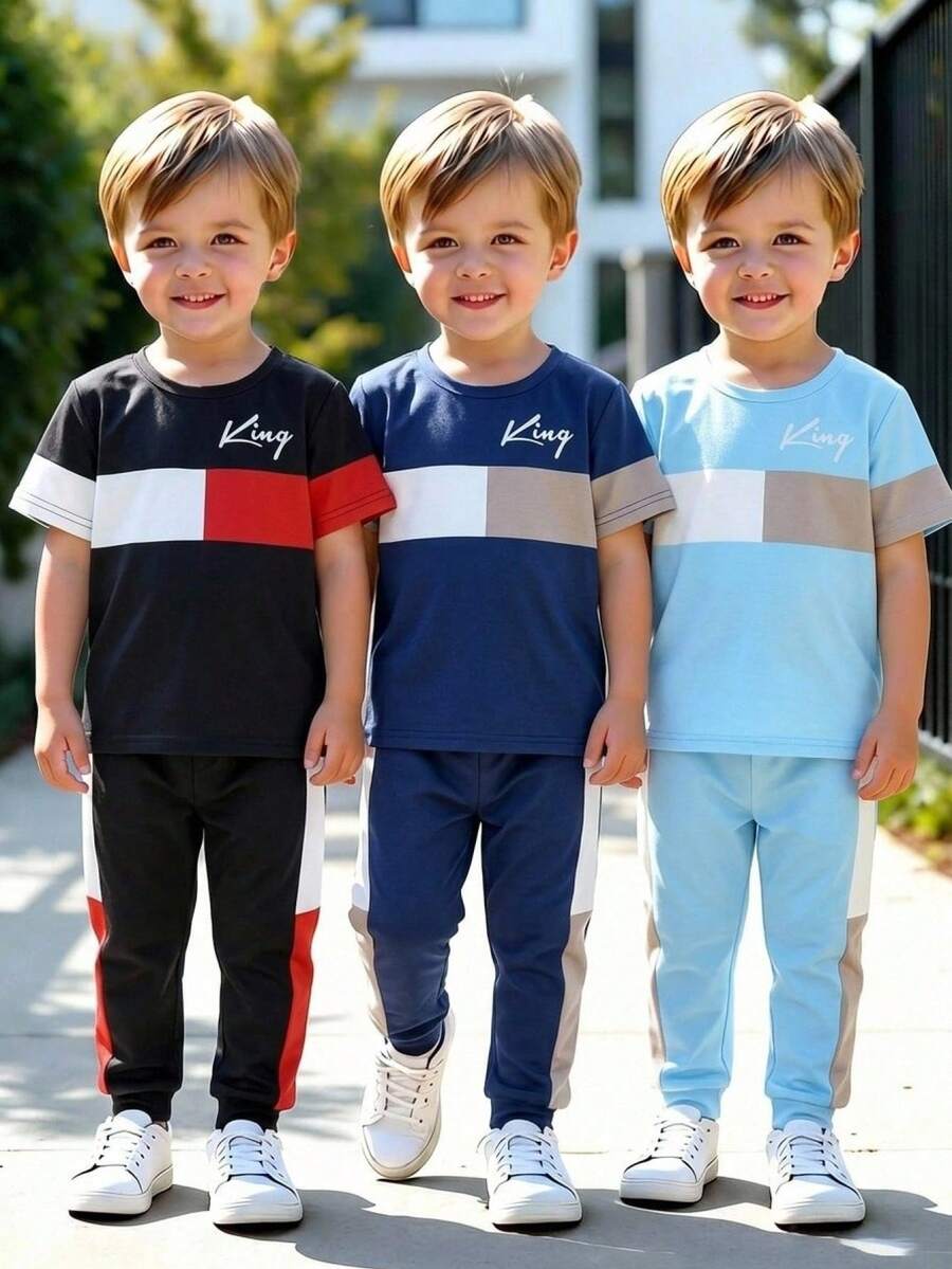 SHEIN 6 Stück/Set Jungen Casual Komfortable Vielseitige Farbblock Buchstaben Muster Rundhals Kurzarm T-Shirt und Hose Set