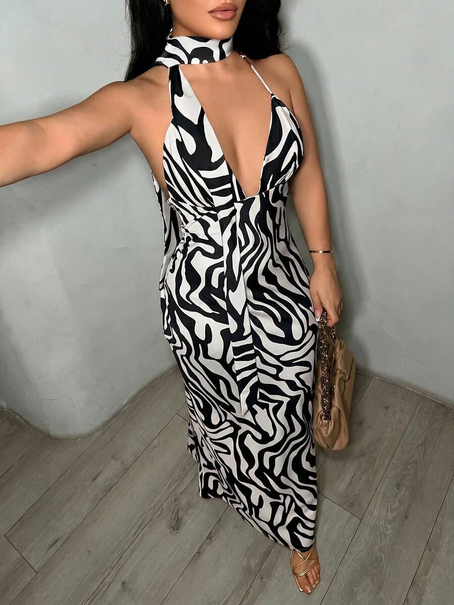SHEIN SXY 女款夏季性感全身印花掛脖露背洋裝 - 深灰色 - 查看 1