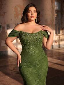 Aureia Plus Size Elegant Sexy Off-Shoulder Luxury Pearl Rhinestone Patchwork French Lace Boning Decor Waist Pleated Fitted Mermaid Hem With Train Heavy Work Evening Gown (Heavy Work Design) - Army Green - View 4