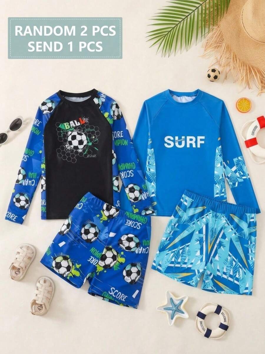 SHEIN (隨機2套,發貨1套) 2件組青少年男款休閒度假足球紮染塗鴉滿版印花長袖短褲泳裝套裝,適合海灘度假、泳池派對、春/夏及四季穿著 - 彩色 - 查看 1