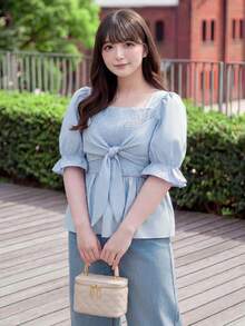 Bijouette 女款大尺碼淺藍色抽褶綁帶袖口鬆緊喇叭袖襯衫，柔軟風格，適合通勤、約會、約會之夜，夏季可愛華麗 - 藍色 - 查看 1