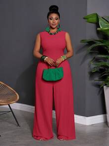 Slaydiva Early Summer Sleeveless Solid Color Plus Size Jumpsuit For Women Evening Pink Elegant - Hot Pink - View 1