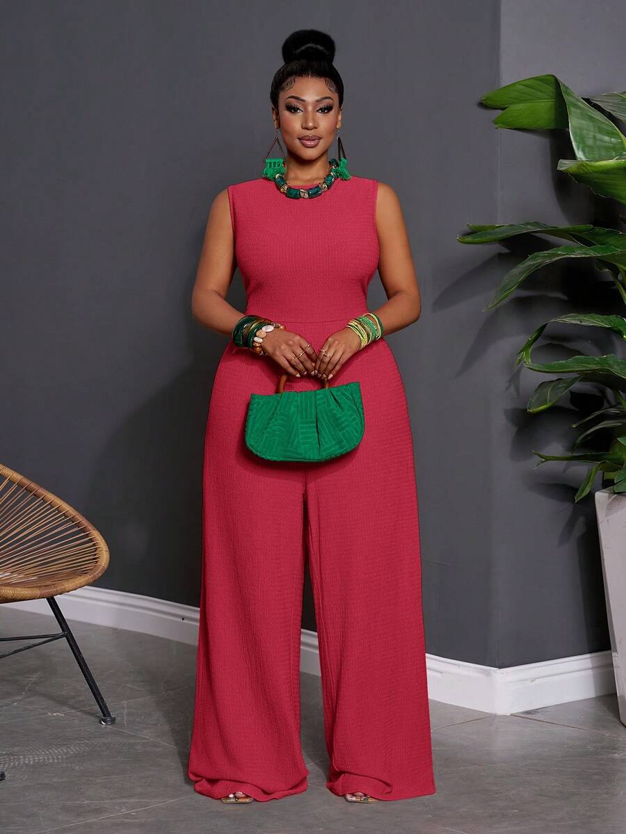 Slaydiva Early Summer Sleeveless Solid Color Plus Size Jumpsuit For Women Evening Pink Elegant - Hot Pink - View 1