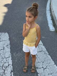 Hapijoa Young Girls' Cute Playful Striped Pleated Camisole Tank Top Summer - Yellow - View 6