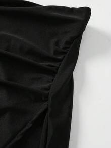 GlowEve CURVE Plus Size Women's Knitted Elastic Shiny Fabric Lace Patchwork Hem Elegant A-Line Skirt,Work Outfits For Women,Office Outfits For Women,Work Wear Women - Black - View 5