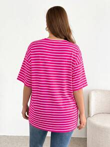 Shapeblank Plus-Size Women's Spring/Summer Fashionable Casual Loose Comfortable Everyday Basic Versatile Black And White Striped Short-Sleeved Super Loose T-Shirt,Summer Outfits,Oversize Tops,Simple Style,Work Tops - Hot Pink - View 2