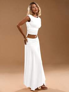 SHEIN BAE Women's Solid Color Casual Sleeveless Tank Top And Skirt Set - White - View 5