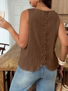 Weeklong Plus Size Women Spring/Summer Sleeveless Textured Fabric Ruffle Trim Decorative Casual Vacation Blouse Tank Top - Brown - View 5