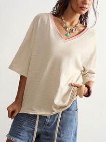 Bohemela Women's Summer Casual Vintage Vacation Basic Versatile Beige 100 Cotton Knit Round Neck Short Sleeve Loose T-Shirt With Lace Applique Letter Detailing - Multicolor - View 3