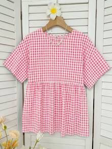SHEIN EZwear 休閒簡約棉感粉色野餐格紋編織女款襯衫，適合夏季、夏季上衣，適用於日常通勤、約會、聚會、秋冬/夏季、聖誕節、新年、感恩節、派對、婚禮、海灘、畢業典禮、時尚、優雅、休閒、外出、約會、預約、通勤、亮面、情人節 - 粉色 - 查看 8