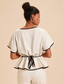 Travachic Summer Women's Round Neck Patchwork Contrast Color Waist-Cinched Tie-Up Woven Top Teachers' Day Brunch Black And White Elegant French - Apricot - View 3