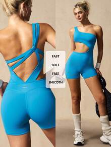 VARSIVA Women's Solid Color Asymmetric Neckline Backless Sleeveless Sports Jumpsuit Gym Light Blue, Summer Jumpsuit, Summer, Casual ,Gym, Sports, Vacation - Blue - View 12