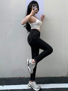 DAZY Women's Color-Block Stitching Slim Fit Denim Pants Women Jeans - Black - View 9