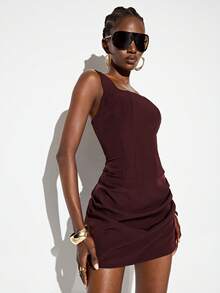 Aveloria GENKIRA Women's Solid Color Spaghetti Strap Pleated Hem Drawstring Back Design Commuter Short Dress - Brown - View 6