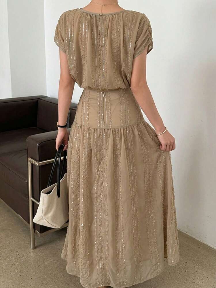 Women's Lace & Sequin Patchwork Loose Blouse And Skirt Two Pieces Set, Elegant For Spring And Summer
