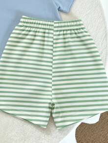 SHEIN Playful Pals 2件套男婴休闲海马印花圆领短袖T恤和条纹短裤套装，适合夏季外出穿着 - 彩色 - 查看 6
